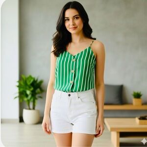 Mango Green and White Buttoned Fitted Camisole